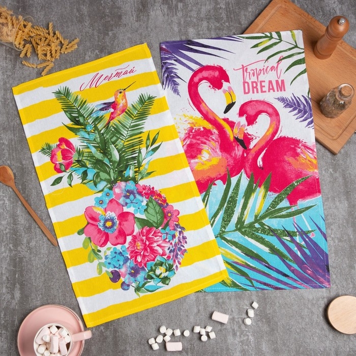 Набор кухонных полотенец Доляна &laquo;Цветочное настроение&raquo;, 35х60см-2шт, 100% хлопок