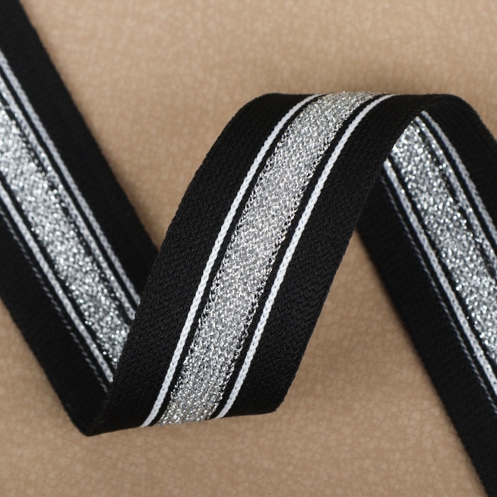 Тесьма трикотажная лампас 25 мм, 9 &plusmn; 0,5 м, цвет чёрный/серебряный