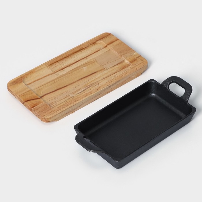 Сковорода чугунная &laquo;Прямоугольник&raquo;, 25&times;12 см, с ручками, на деревянной подставке