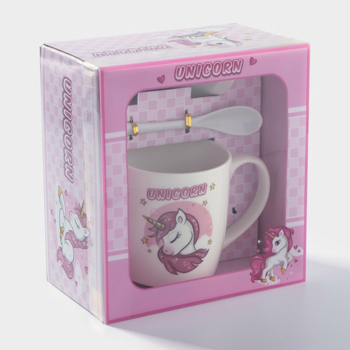 Кружка керамическая с подставкой и ложкой &laquo;Единорог в мечтах&raquo;, 330 мл, рисунок МИКС