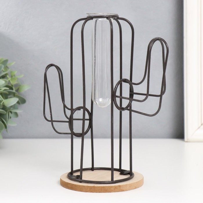 Декор металл, стекло, дерево "Кактус" на подставке чёрный 20х12х22,5 см