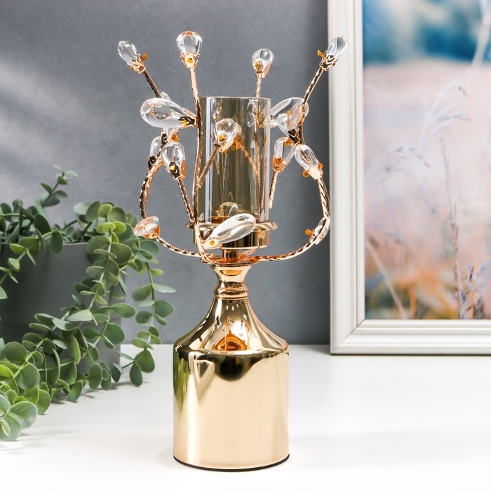 Подсвечник металл на 1 свечу Подсвечник металл на 1 свечу "Веточки с кристаллами. Колонна" золото 29х15х15 см