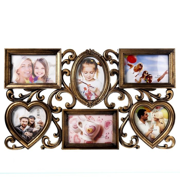 Фоторамка пластик на 6 фото 10х15, 10х10 см Фоторамка пластик на 6 фото 10х15, 10х10 см "Завитки" золото 31,5х53 см