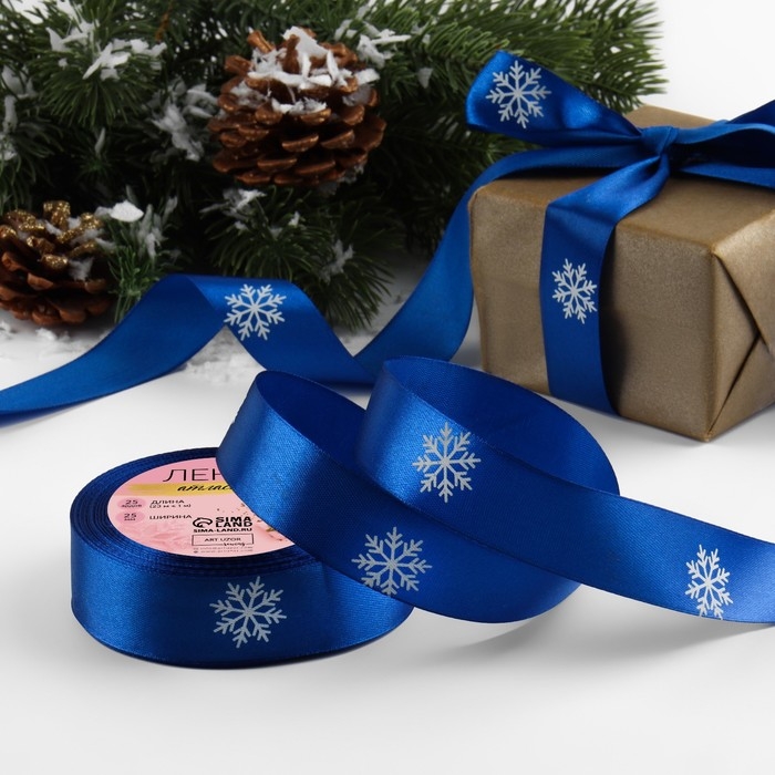 Новый год! Лента атласная &laquo;Снежинки&raquo;, 25 мм, 23 &plusmn; 1 м, цвет синий/белый №122