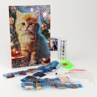 Алмазная мозаика на новый год с частичным заполнением на подрамнике &laquo;Котенок&raquo;, 20 х 30 см, с гирляндой, новогодний набор для творчества