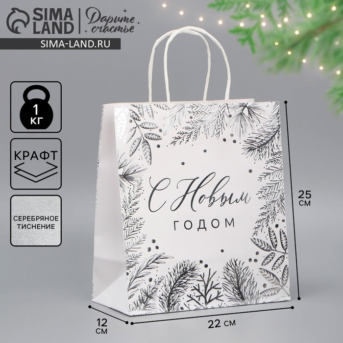 Пакет подарочный новогодний крафтовый &laquo;Серебро&raquo;, 22 х 25 х 12 см, Новый год