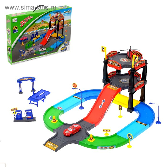 Гараж трасса &laquo;Крутой вираж&raquo;, с 1 металлической машиной и 1 вертолётом