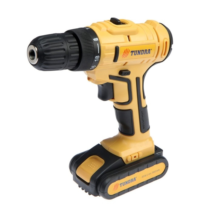 Шуруповерт ТУНДРА, патрон БЗ до 10 мм, LED, Li-ion 1300 mAh 20V, 350/1250 об/мин, 28 Н*м Шуруповерт ТУНДРА, патрон БЗ до 10 мм, LED, Li-ion 1300 mAh 20V, 350/1250 об/мин, 28 Н*м