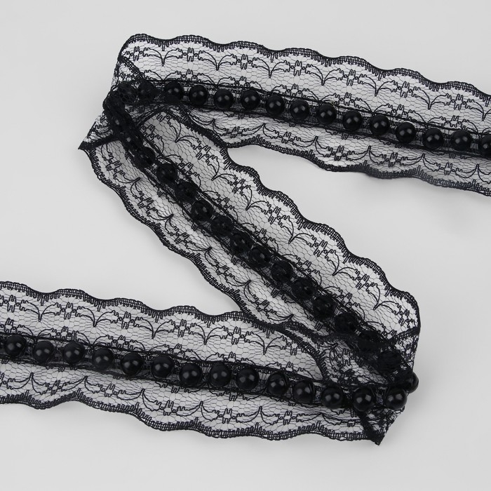 Рюш кружевной, с бусинами, 40 мм, 4,5 &plusmn; 0,5 м, цвет чёрный
