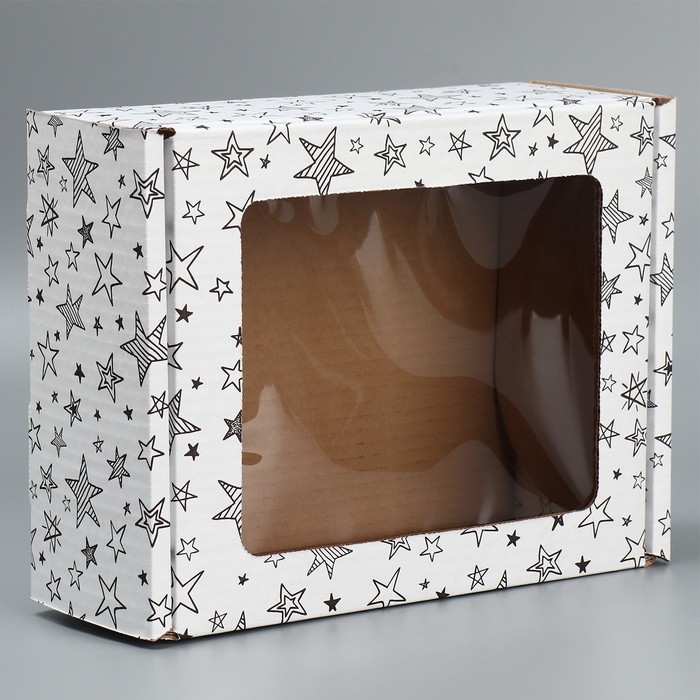 Коробка подарочная сборная с окном, упаковка, &laquo;Звезды&raquo;, белый ,27х10х21 см