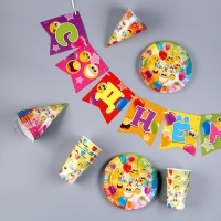 Набор бумажной посуды одноразовый Смайлы»: 6 тарелок, 1 гирлянда, 6 стаканов, 6 колпаков Набор бумажной посуды одноразовый Смайлы»: 6 тарелок, 1 гирлянда, 6 стаканов, 6 колпаков