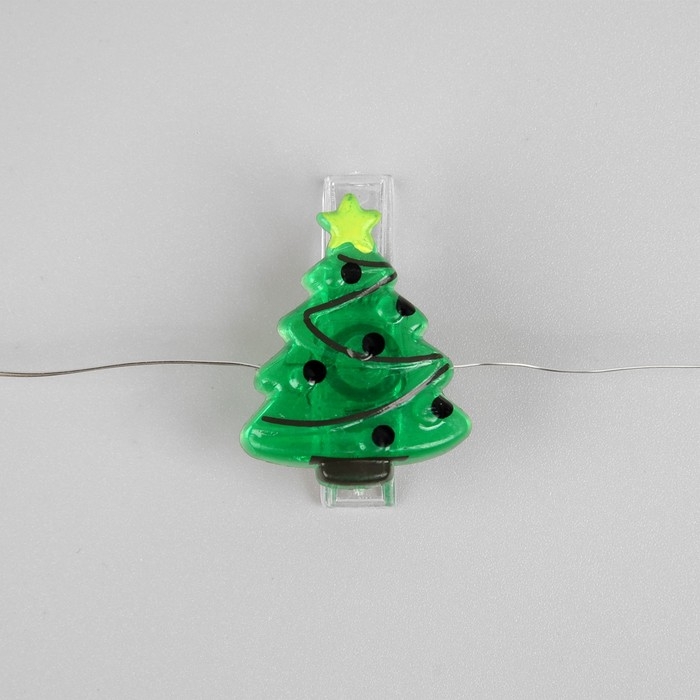 Гирлянда &laquo;Нить&raquo; 2 м роса с насадками &laquo;Прищепки-ёлки&raquo;, IP20, серебристая нить, 20 LED, батарейки ААх2 (нет в комплекте), свечение тёплое белое