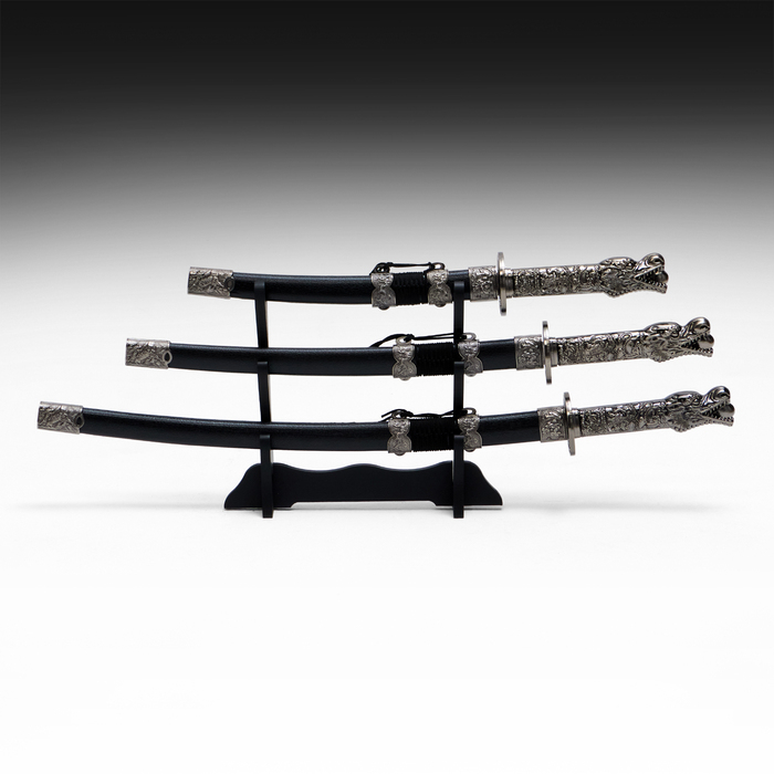 Сув. изделие катаны 3в1 на подставке, ножны кожзам, голова дракона черные 45/52/61см