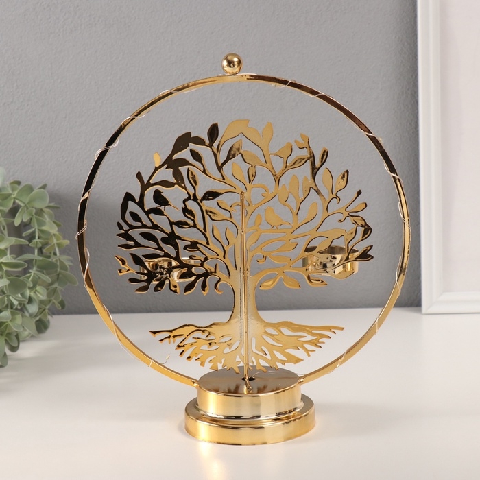 Подсвечник на 2 свечи "Дерево с птичками" с подсветкой, d-3,5 см 9,5х23,5х27 см