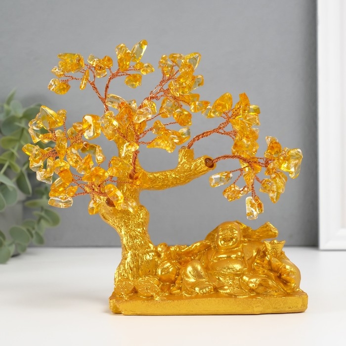 Сувенир бонсай Сувенир бонсай "Хотей с богатствами у денежного дерева" жёлтый 120 камней 13,8х6,2х16,5 см 1047139