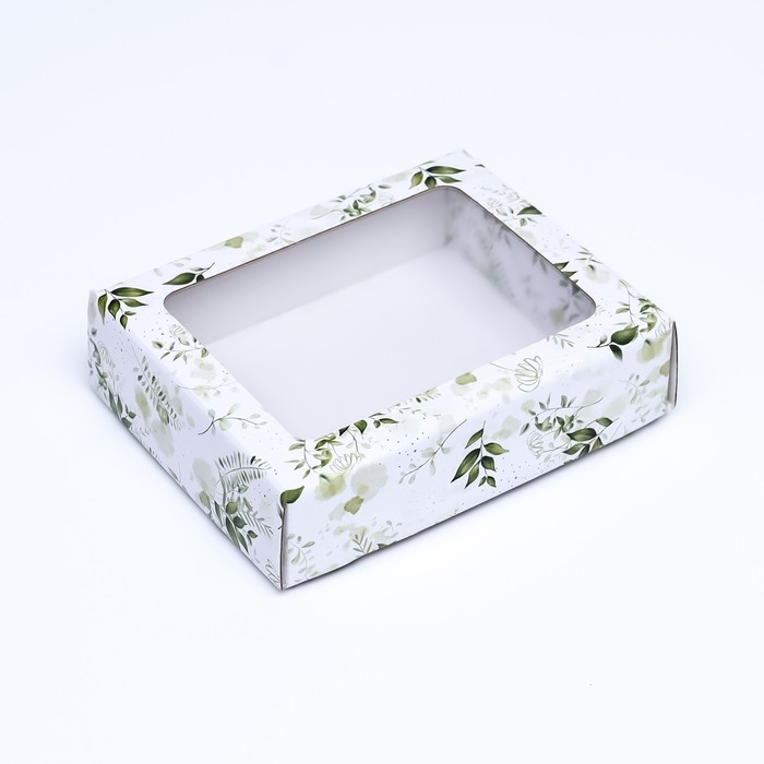 Коробка крышка-дно "Зеленые растения", с окном, 18 х 15 х 5 см