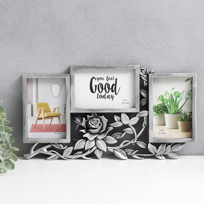 Фоторамка пластик на 3 фото 10х15 см Фоторамка пластик на 3 фото 10х15 см "Роза в листьях" состаренное серебро 40х21,5 см