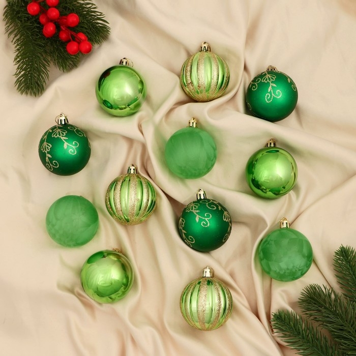 Набор шаров пластик d-6 см, 12 шт Набор шаров пластик d-6 см, 12 шт "Агнет" полосы, зелёный