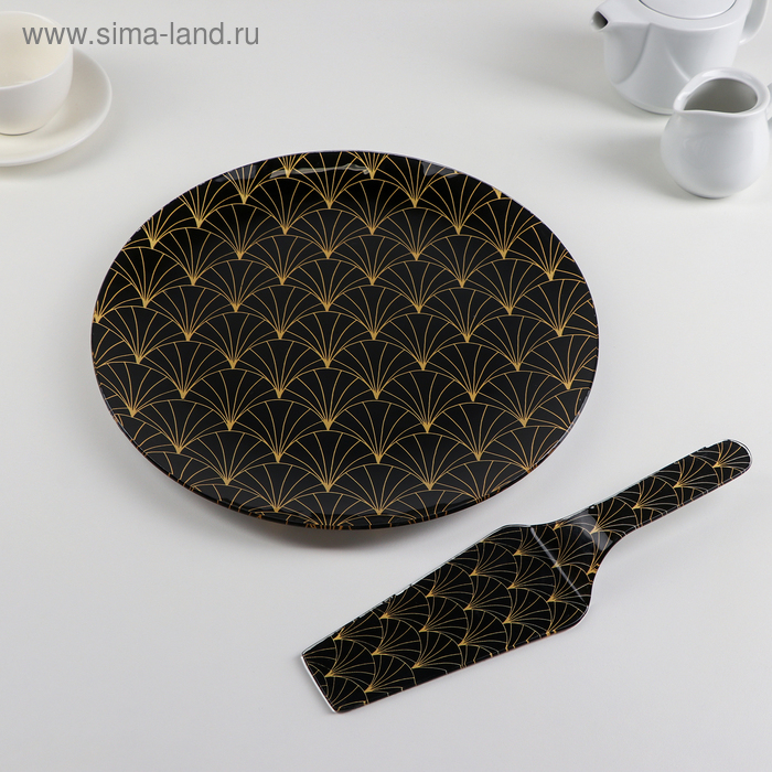 Тортовница стеклянная с лопаткой Доляна «Золотое перо», d=30 см, лопатка 26,5×7 см, цвет чёрный Тортовница стеклянная с лопаткой Доляна «Золотое перо», d=30 см, лопатка 26,5×7 см, цвет чёрный