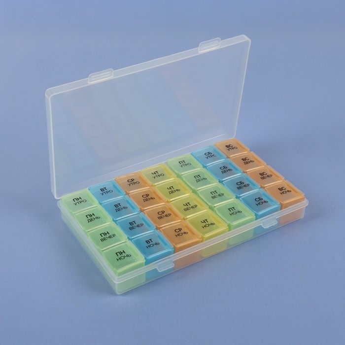 Таблетница - органайзер &laquo;Неделька&raquo;, съёмные ячейки, утро/день/вечер/ночь, 17,5 &times; 10,7 &times; 2,5 см, 7 контейнеров по 4 секции, разноцветная