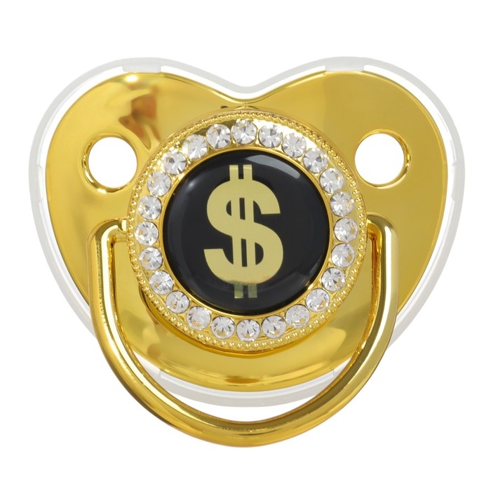 Соска - пустышка силиконовая ортодонтическая «Доллар», от 6 мес., с колпачком + держатель - цепочка, цвет золотой/черный, стразы Соска - пустышка силиконовая ортодонтическая «Доллар», от 6 мес., с колпачком + держатель - цепочка, цвет золотой/черный, стразы