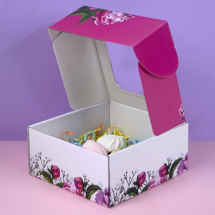 Коробка самосборная, с окном, "Весенние пионы", 19 х 19 х 9 см