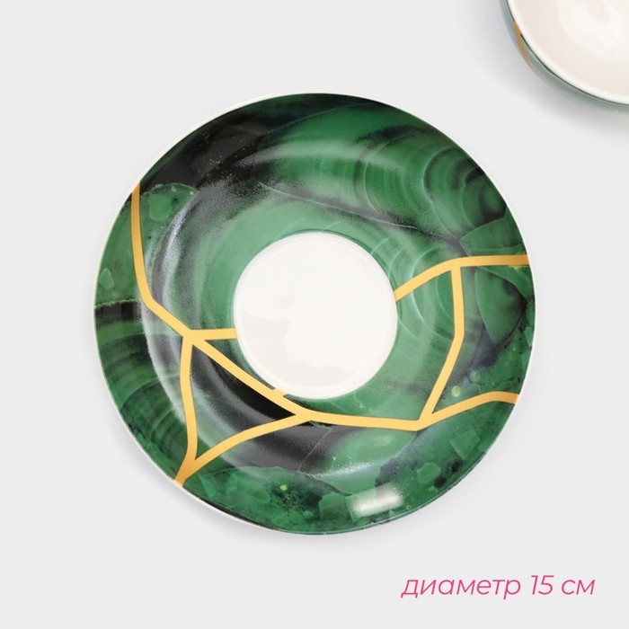 Сервиз фарфоровый чайный Доляна &laquo;Малахитовая шкатулка&raquo;, 12 предметов: 6 чашек 250 мл, 6 блюдец d=15 см, цвет зелёный