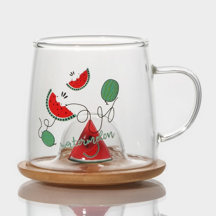 Кружка стеклянная с деревянной крышкой &laquo;Арбузик&raquo;, 300 мл