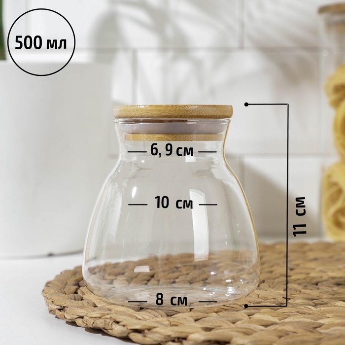 Банка стеклянная для сыпучих продуктов с бамбуковой крышкой «Бамбук», 650 мл, 11×12 см Банка стеклянная для сыпучих продуктов с бамбуковой крышкой «Бамбук», 650 мл, 11×12 см