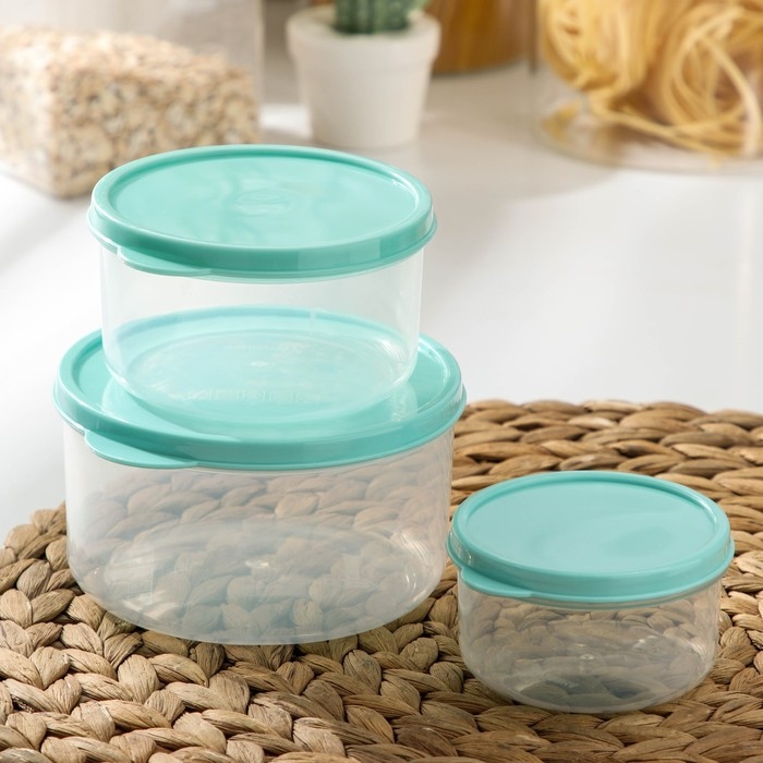 Набор контейнеров пищевых круглых Доляна, 3 шт: 150 мл, 300 мл, 500 мл, прозрачные, крышка бирюзовая