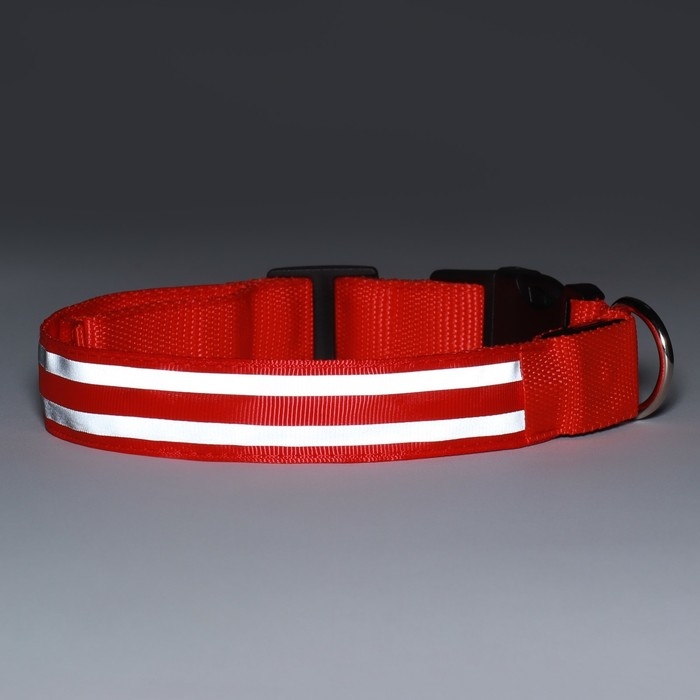 Ошейник с подсветкой Двойная полоса размер L, ОШ 45-52 х 2,5 см, 3 режима свечения красный