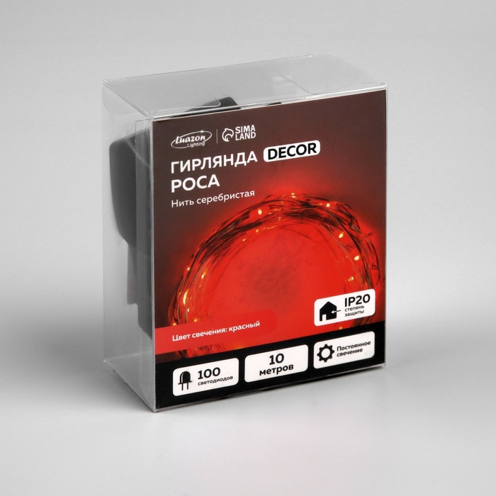 Гирлянда «Нить» 10 м роса, IP20, серебристая нить, 100 LED, свечение красное, 12 В Гирлянда «Нить» 10 м роса, IP20, серебристая нить, 100 LED, свечение красное, 12 В