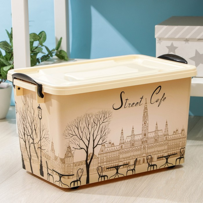 Контейнер для хранения с крышкой &laquo;Уличное кафе&raquo;, 35 л, 50,5&times;31,5&times;28 см, на колёсиках, цвет слоновая кость