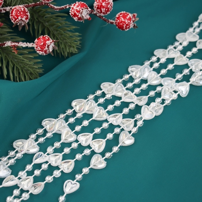 Бусы на ёлку 2 м d-13 мм "Сердца бусины" прозрачный перламутр