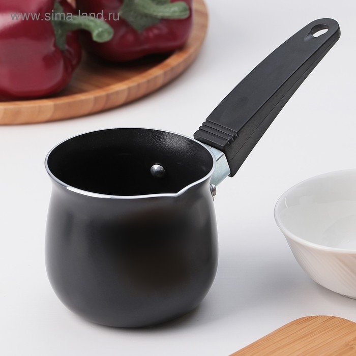 Турка Доляна «Услада», 450 мл, 9×8 см, пластиковая ручка, антипригарное покрытие, цвет чёрный Турка Доляна «Услада», 450 мл, 9×8 см, пластиковая ручка, антипригарное покрытие, цвет чёрный