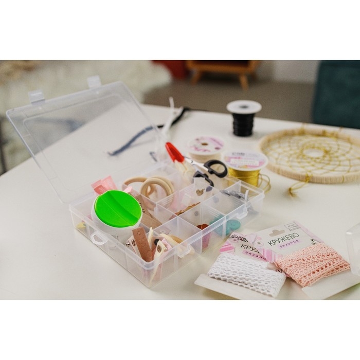 Органайзер для рукоделия, со съёмными ячейками, 20 отделений, 22,5 × 18 × 4 см, цвет прозрачный Органайзер для рукоделия, со съёмными ячейками, 20 отделений, 22,5 × 18 × 4 см, цвет прозрачный