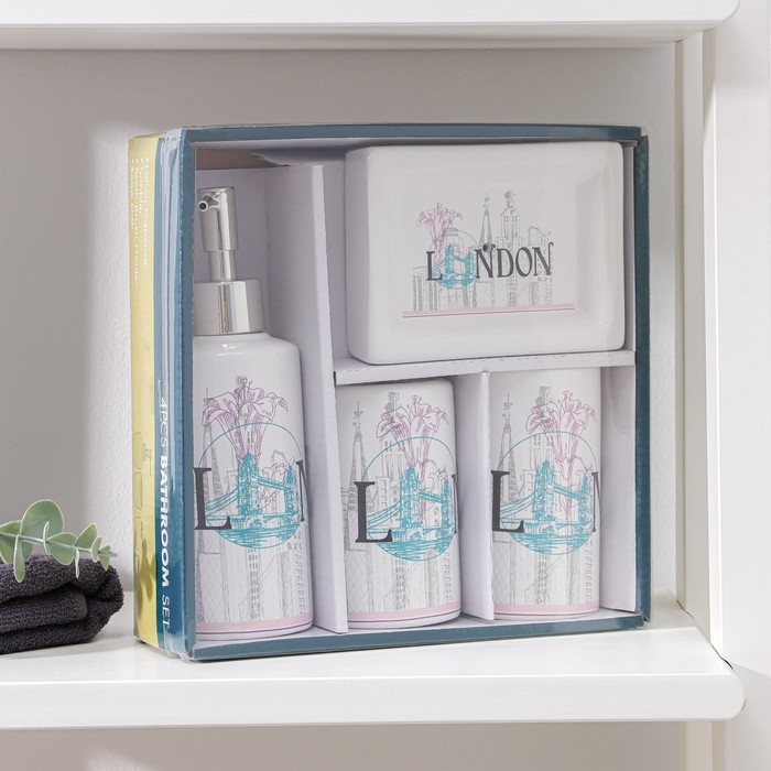 Набор аксессуаров для ванной комнаты &laquo;Города&raquo;, 4 предмета (дозатор 270 мл, мыльница 2 стакана), цвет МИКС