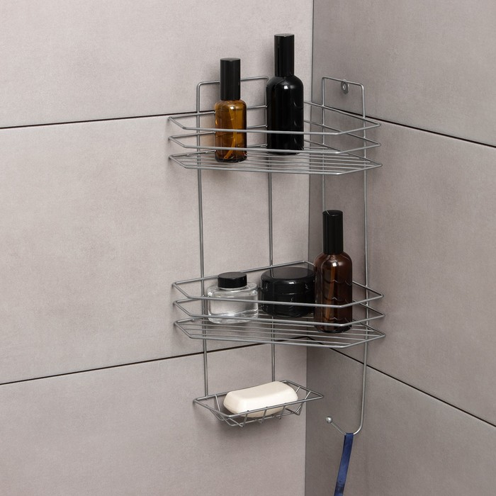 Полка угловая с мыльницей и вешалкой 2-х ярусная, 25,5×42,5 см, цвет хром Полка угловая с мыльницей и вешалкой 2-х ярусная, 25,5×42,5 см, цвет хром