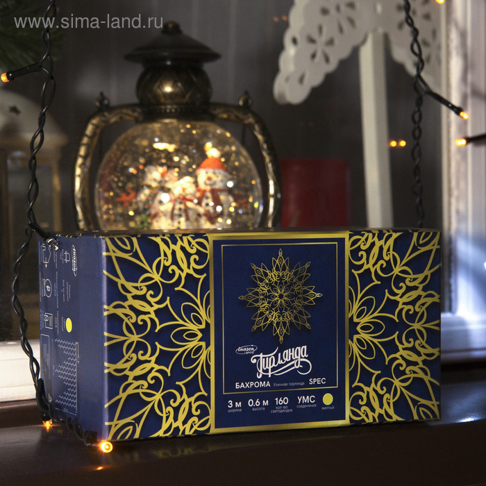 Гирлянда &laquo;Бахрома&raquo; 3 &times; 0.6 м, IP44, УМС, тёмная нить, 160 LED, свечение жёлтое, мерцание белым, 220 В