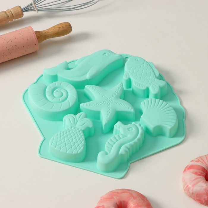 Форма для выпечки Доляна «Морские обитатели», силикон, 26×24×2,5 см, 7 ячеек, цвет бирюзовый Форма для выпечки Доляна «Морские обитатели», силикон, 26×24×2,5 см, 7 ячеек, цвет бирюзовый