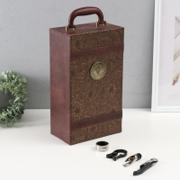 Шкатулка дерево, кожзам для 2 бутылок "Пышные листья" 4 предмета 36х12х20 см Шкатулка дерево, кожзам для 2 бутылок "Пышные листья" 4 предмета 36х12х20 см