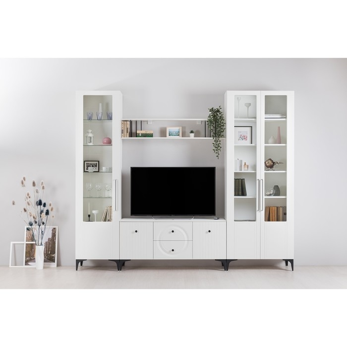 Тумба под ТВ Валенсия 16.45, 1331х383х637, цвет белый / белый МДФ