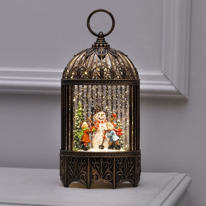 Светодиодная фигура &laquo;Фонарь с детьми и снеговиком&raquo; 13 &times; 25.5 &times; 8 см, пластик, батарейки ААх3 (не в комплекте), USB, свечение тёплое белое