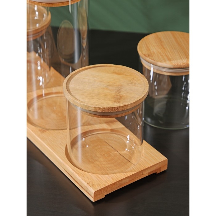 Банки стеклянные для хранения сыпучих продуктов BellaTenero &laquo;Эко&raquo;, 5 предметов: 4 банки 600 мл, 1 банка 1300 мл, с бамбуковой крышкой