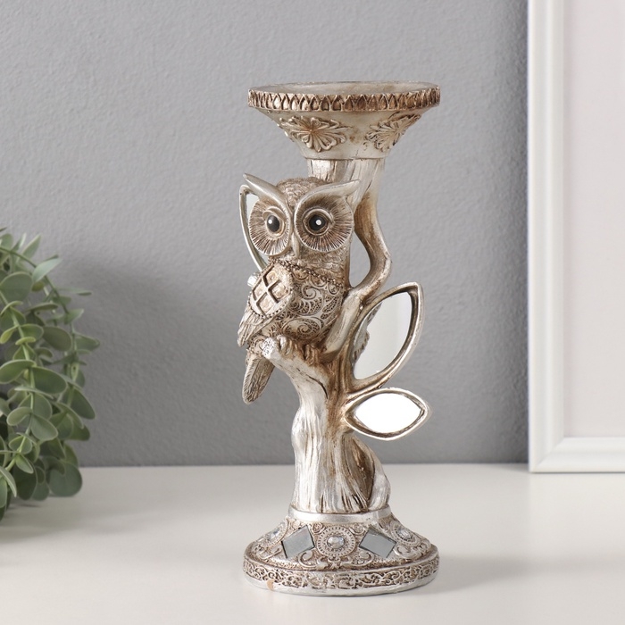 Подсвечник полистоун на 1 свечу "Филин на дереве с зеркальными листьями" 11,5х9х24,2 см