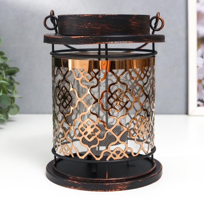 Подсвечник металл, стекло на 1 свечу Подсвечник металл, стекло на 1 свечу "Узор на фонаре" патина на чёрном ручка 18х13,5х13,5 см 78228