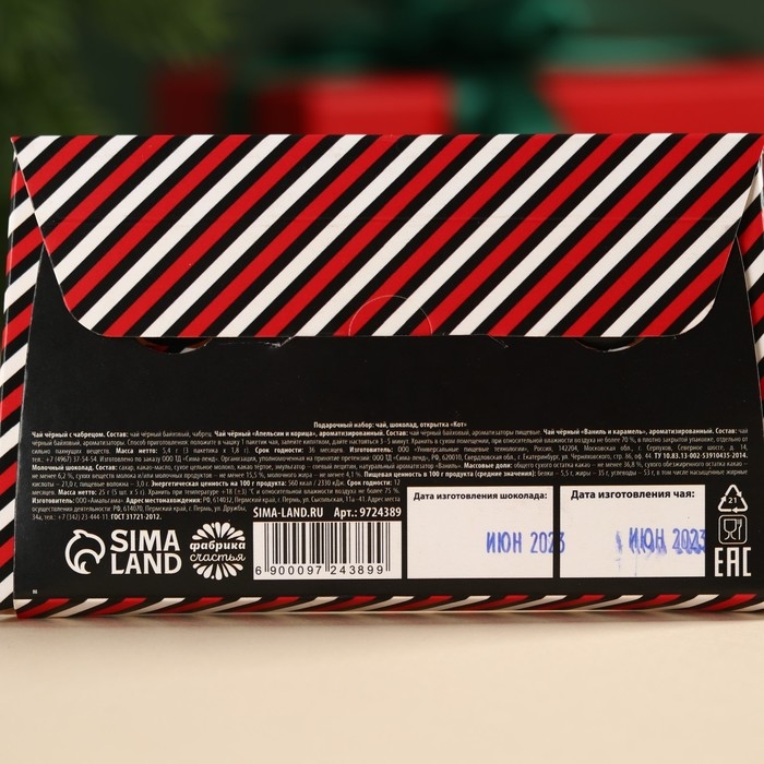 Подарочный набор &laquo;Кот&raquo;: чай ассорти 5,4 г ( 3 шт. х 1,8 г)., молочный шоколад 25 г (5 шт. х 5 г)., открытка