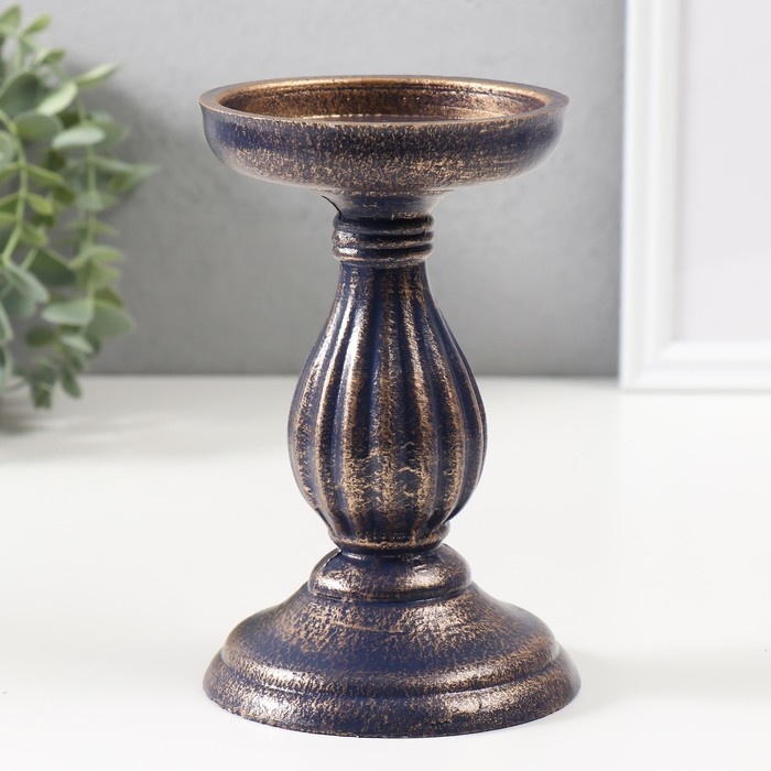 Подсвечник дерево на 1 свечу d=9 см Подсвечник дерево на 1 свечу d=9 см "Фердинанд" синий с патиной 10,5х10,5х17 см