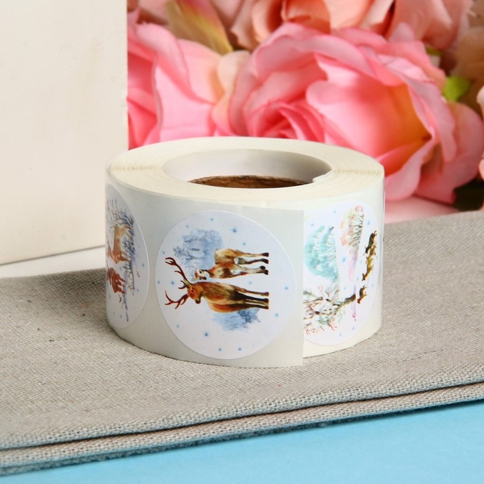 Новый год. Наклейки в рулоне "Олени", 500 шт, 3,8 х 3,8 см