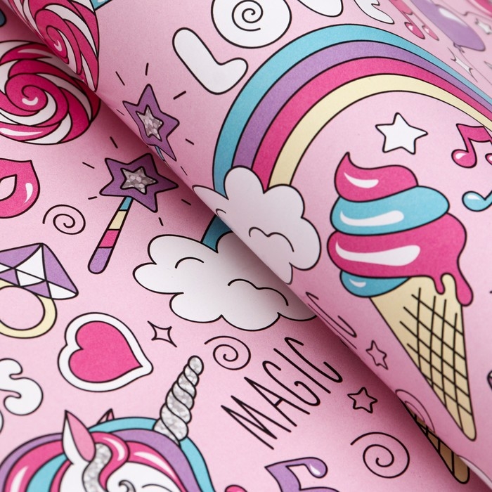 Бумага упаковочная глянцевая &laquo;Единороги&raquo;, 70 х 100 см, 1 лист